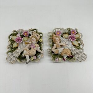 Vintage Japan Porcelain Wall Plaques Pair 3D Relief Boy Girl Floral Gold Gilt